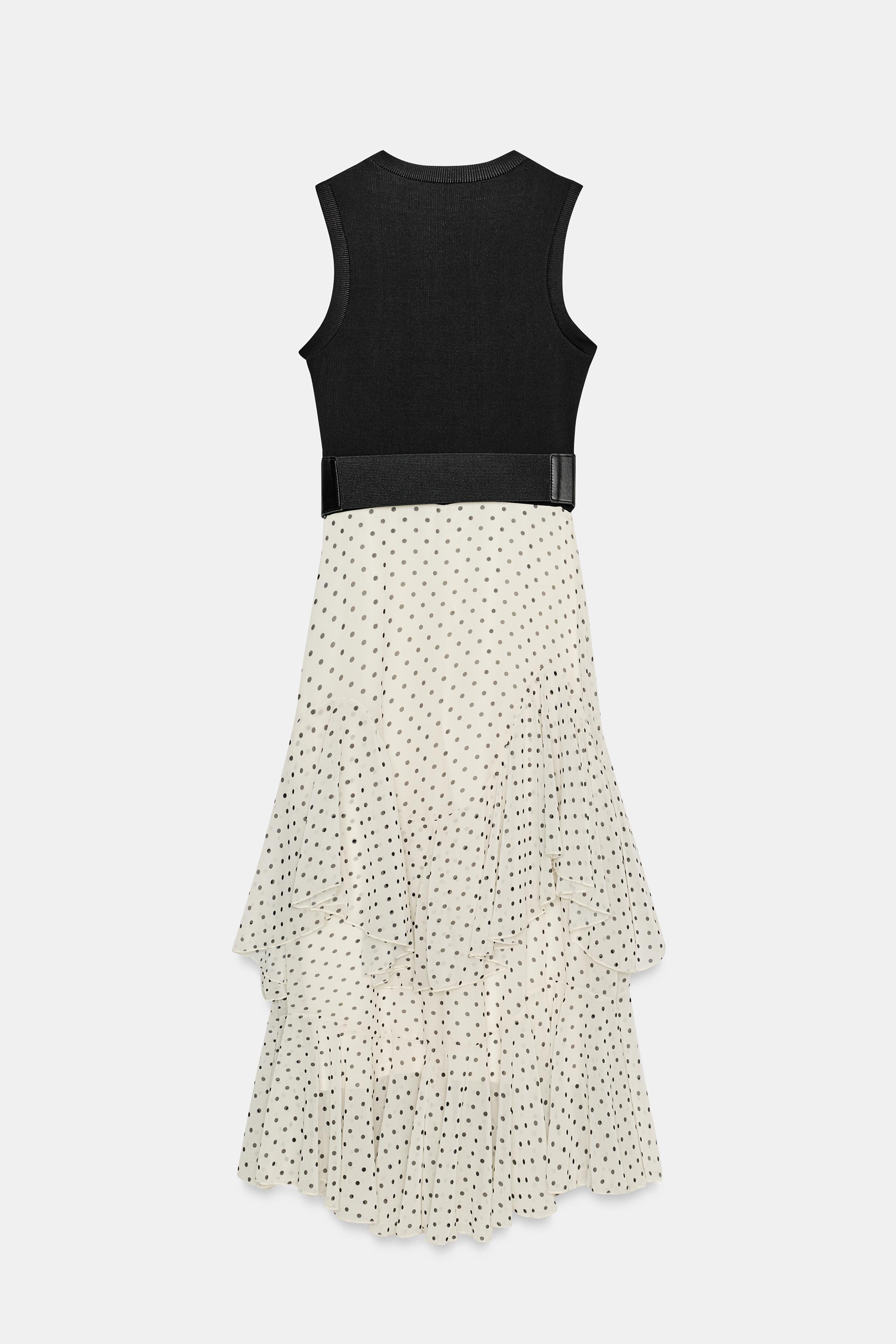 COMBINATION POLKA DOT RUFFLED BELTED DRESS